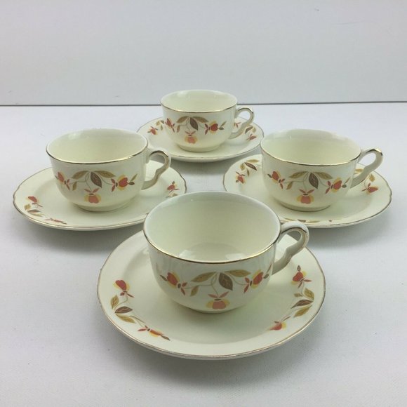 Autmnware Vintage Hall China Autumn Leaf Tea Cup 6" Saucers Set 4 Mary Dunbar